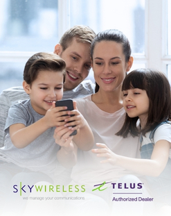 family looking at cellphone, Sky Wireless logo