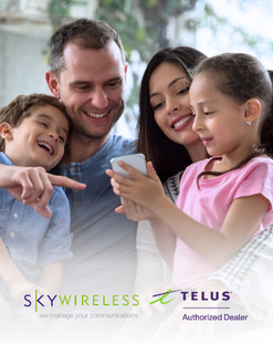 Family looking at cell phone, SkyWireless logo