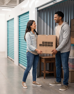 man and woman moving items into storage unit