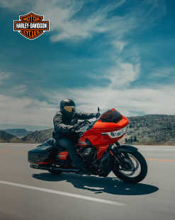 motorcycle on the highway, Harley logo