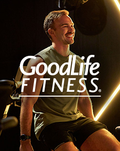 man working out at gym, GoodLife logo