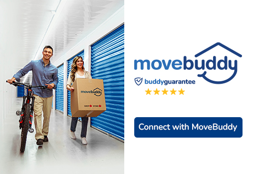 two people putting bike and box in storage, MoveBuddy logo