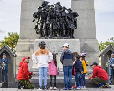 children and military members at the bottom of memorial statue