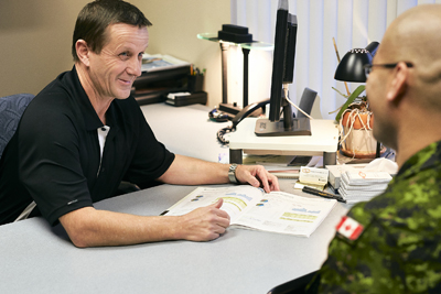 staff with soldier at desk