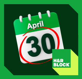 Calendar with April 30 circled, H&R Block logo