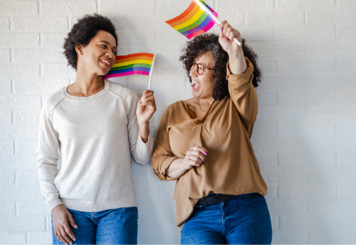 Pride flag with happy smiling people