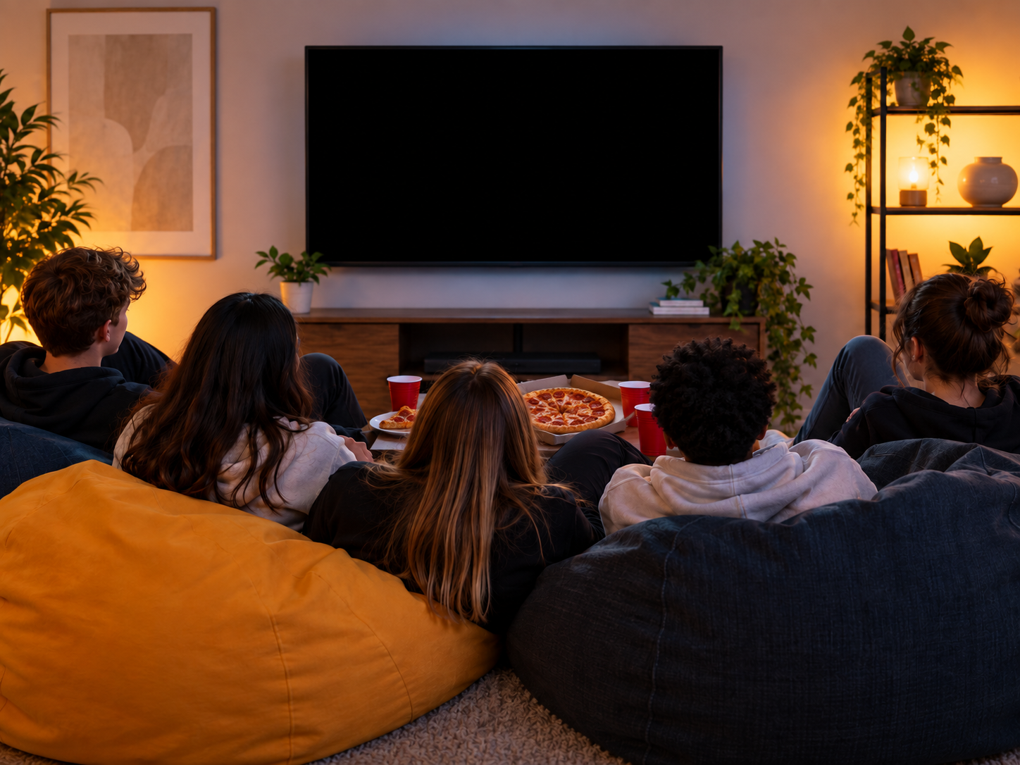 A diverse group of youth sits together in a cozy lounge, facing a large black TV screen. Pizza and drinks are set out in front of them, creating a relaxed watch party atmosphere.
