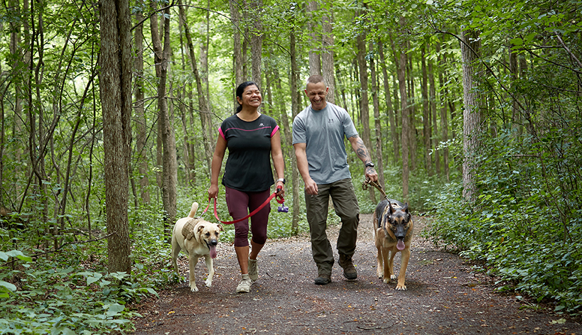 couple walking dogs in the woods