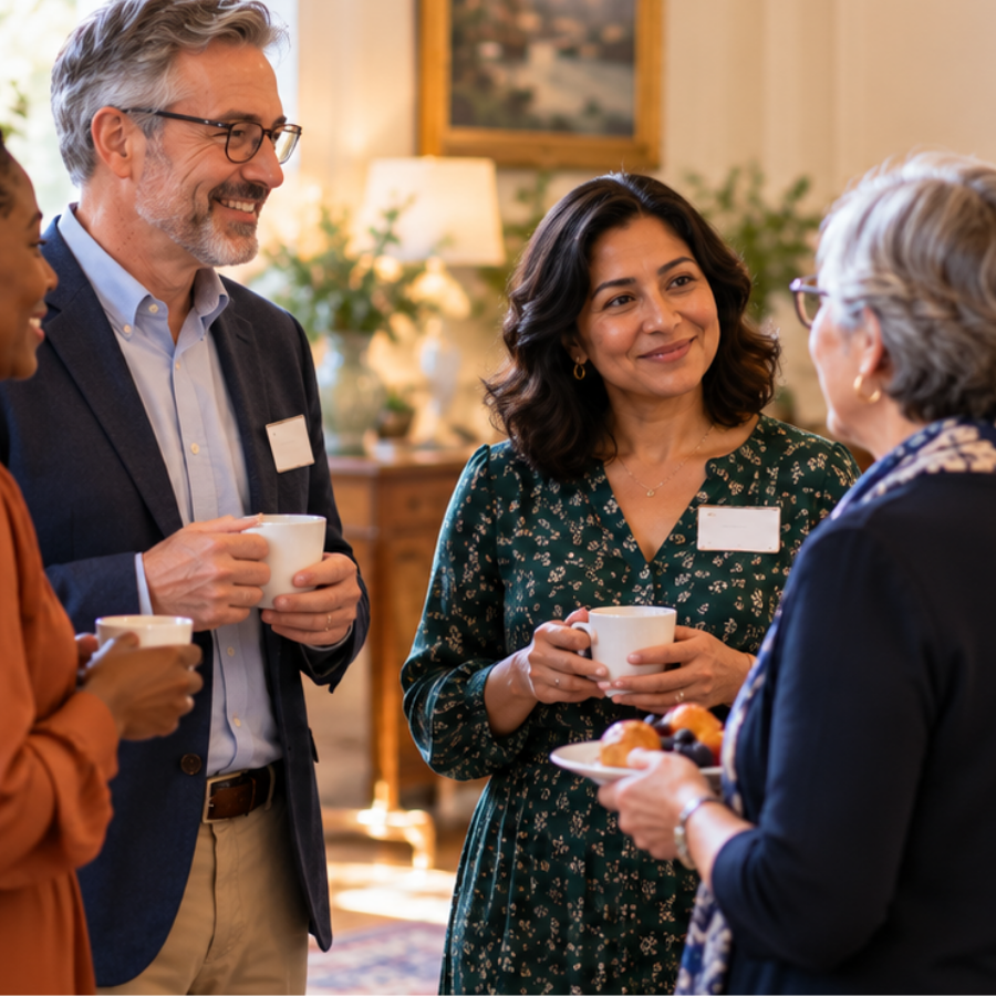 A diverse group of adult volunteers stand together indoors, holding warm drinks and chatting in a relaxed, welcoming setting.