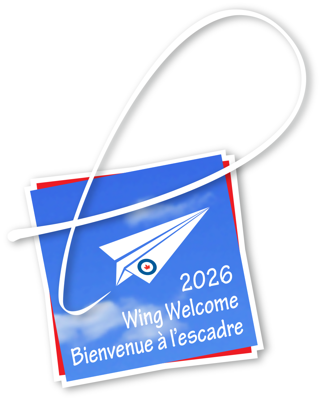 A logo with a blue sky background, and a paper airplane with the RCAF logo. Below the paper airplane text reads "2026 Wing Welcome - Bienvenue à l’Escadre" in a light, airy font.