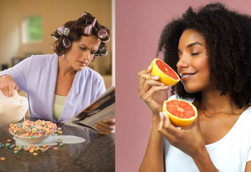 contrasting images of someone eating distractedly vs mindfully