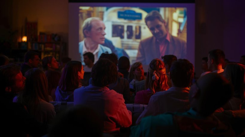 Crowd watching a movie on a projector