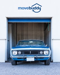 Car in storage garage, MoveBuddy logo