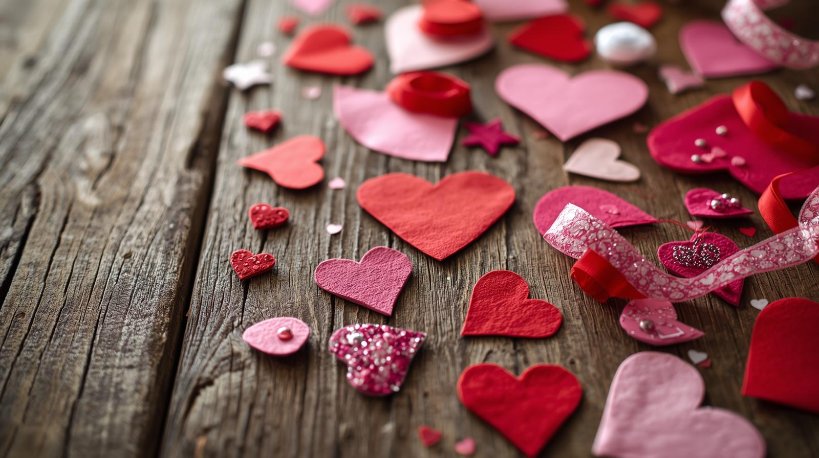 Cut out hearts spread out on a table