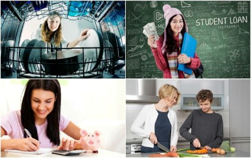Teenager loading dishwasher, studying and helping cook dinner