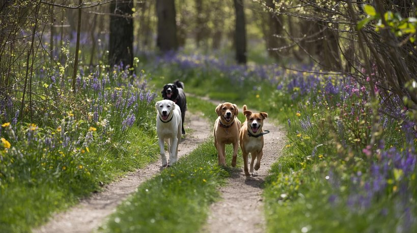 Dogs walking in forest